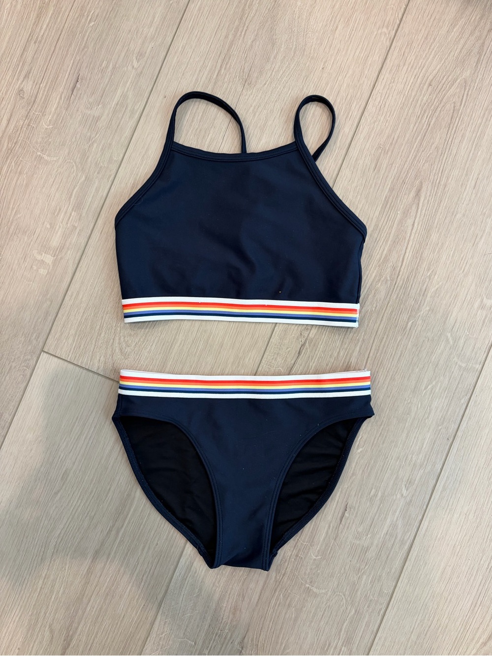 Girls' Navy with StripeTrim Two-Piece Swim Suit